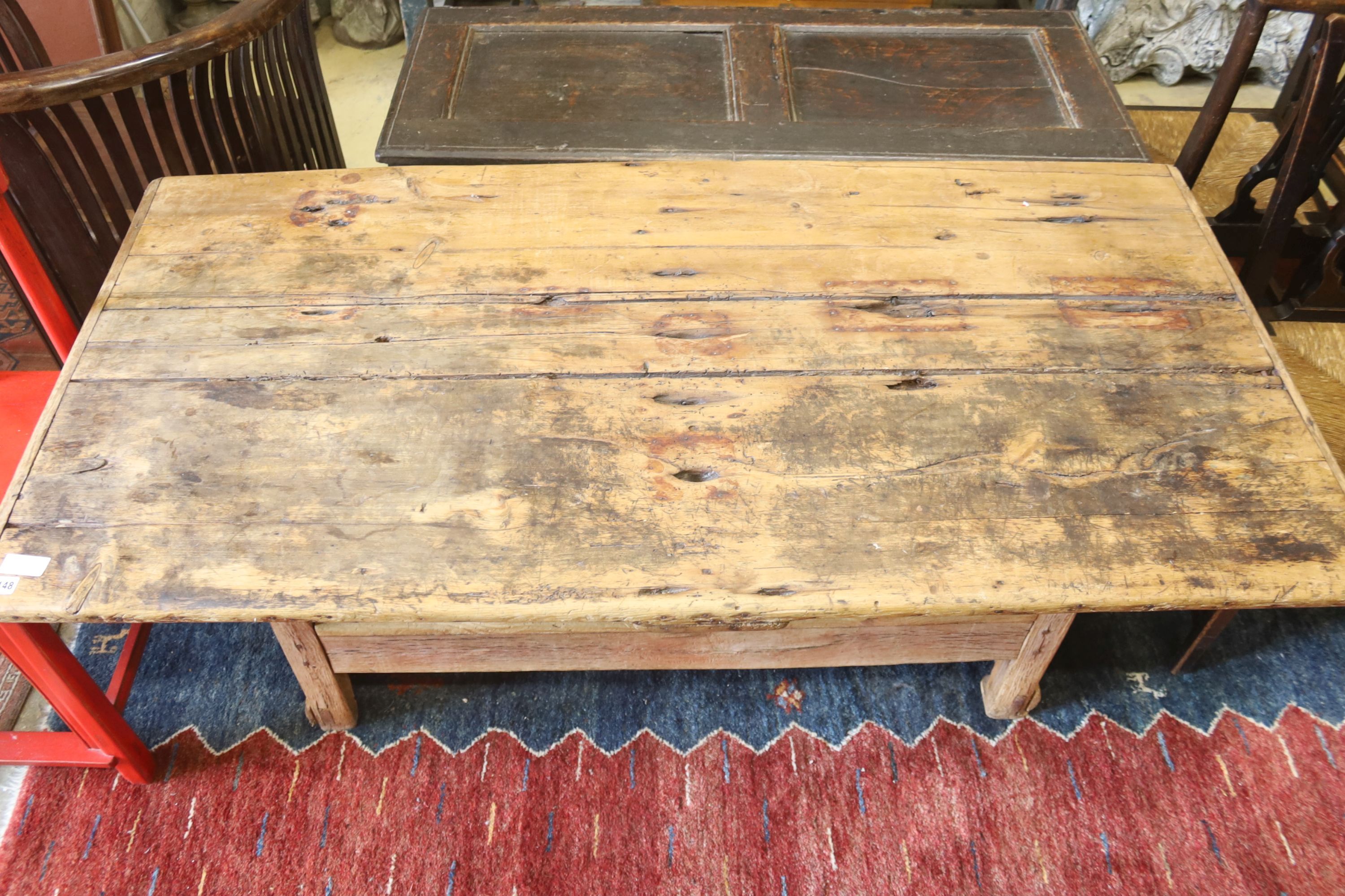 An 18th century French pine monks bench, width 160cm, depth 79cm, height 64cm